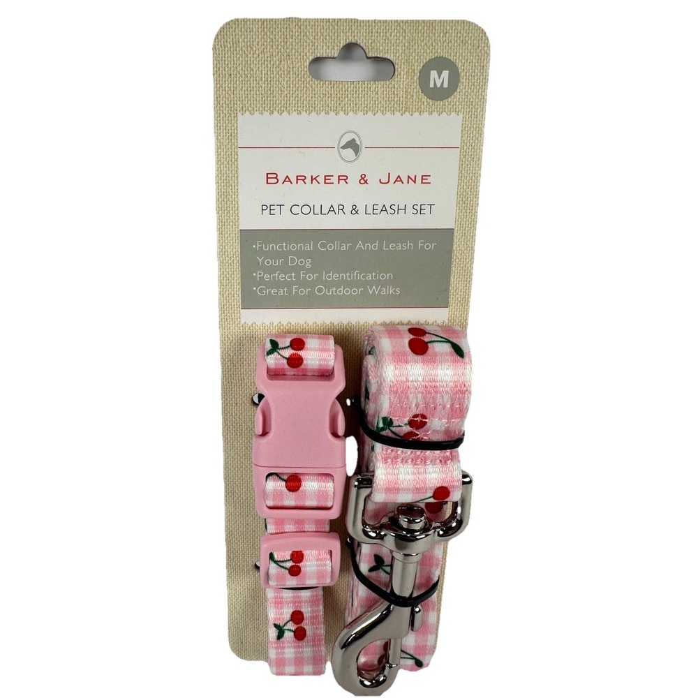 Barker‎ & Jane Dog Collar Leash Set Pink Gingham Cherry Medium New
